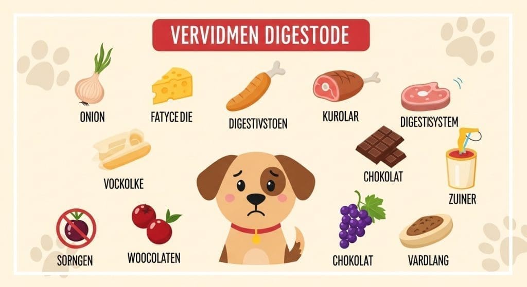 Afbeelding van verboden voedingsmiddelen voor honden met gevoelige darmen