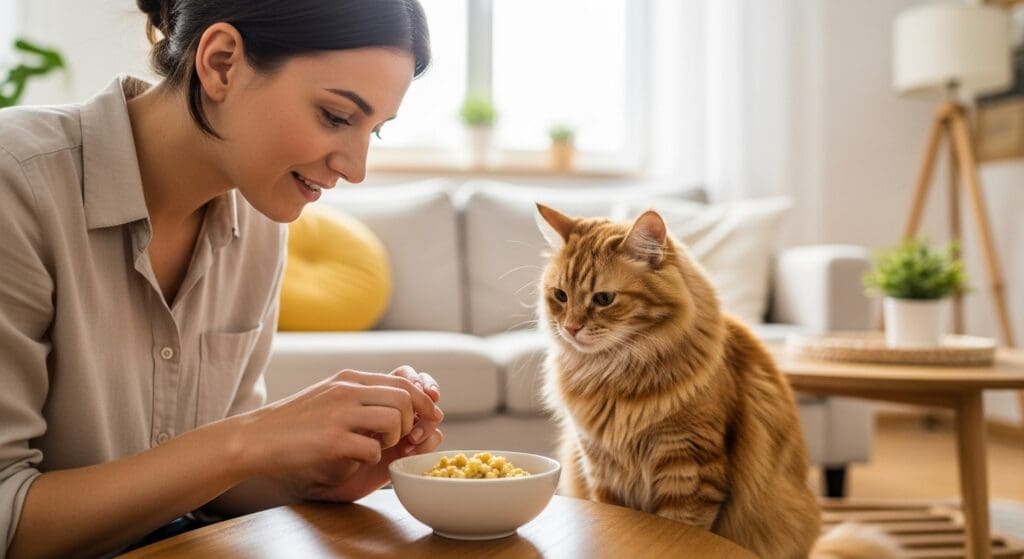 Baasje probeert oudere kat over te halen tot eten van nierdieet.