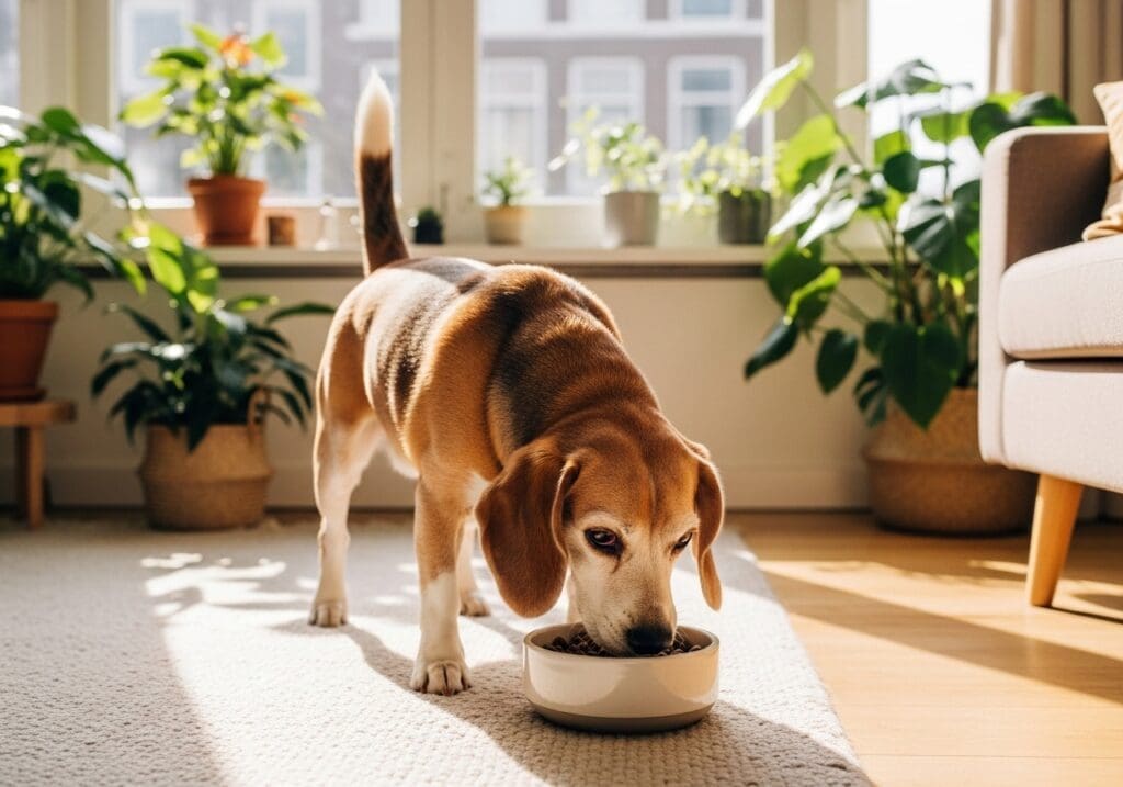 Bejaarde beagle eet blij dieetbrokken in Amsterdamse woonkamer