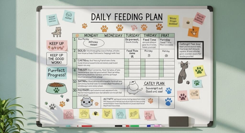 Bovenaanzicht van een whiteboard met een voederplan voor een kat met overgewicht in dierenartsstijl.