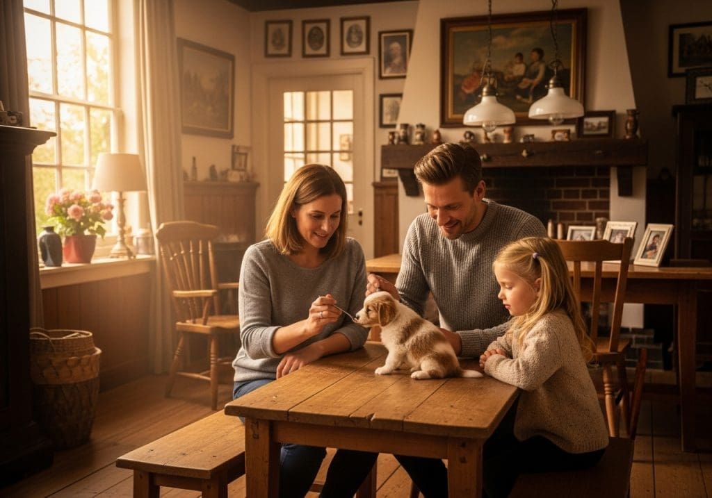 Gezin voert jonge pup zachte voeding met lepel in huiselijke sfeer