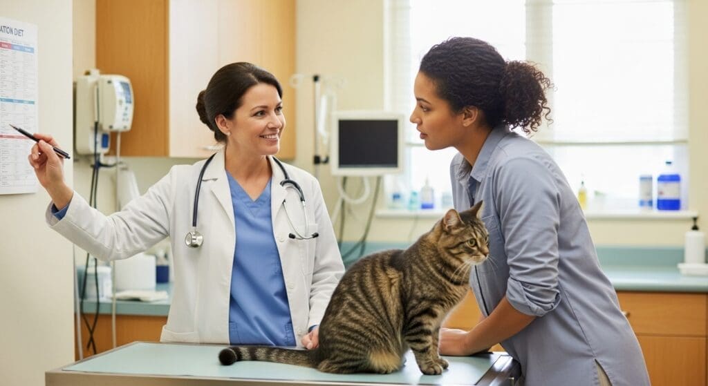 Dierenarts bespreekt eliminatiedieet voor kat met baasje, kat zit rustig.
