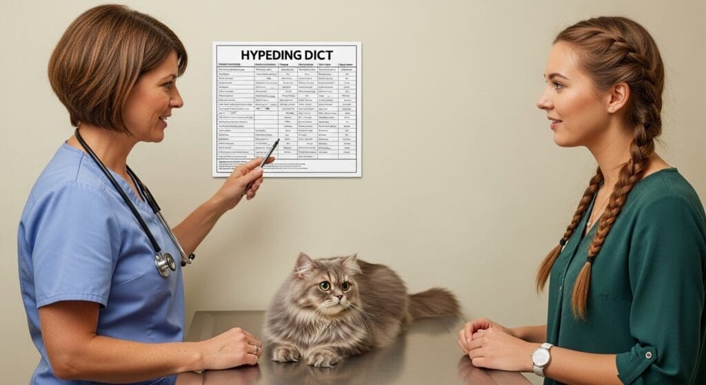Dierenarts bespreekt hypoallergeen dieet voor kat met baasje, voedingsschema zichtbaar.