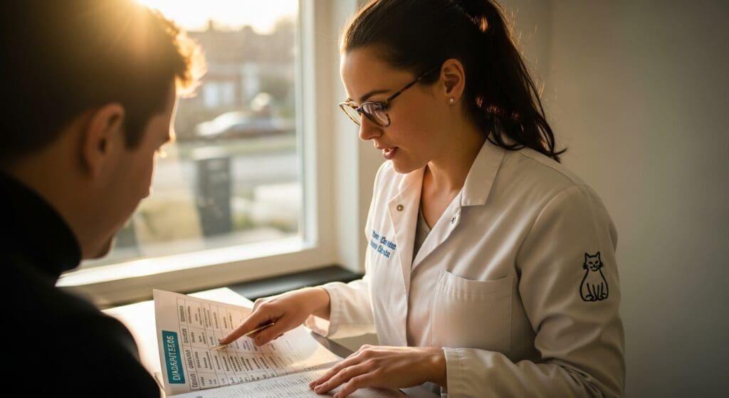 Dierenarts geeft voedingsschema voor kat met diabetes.