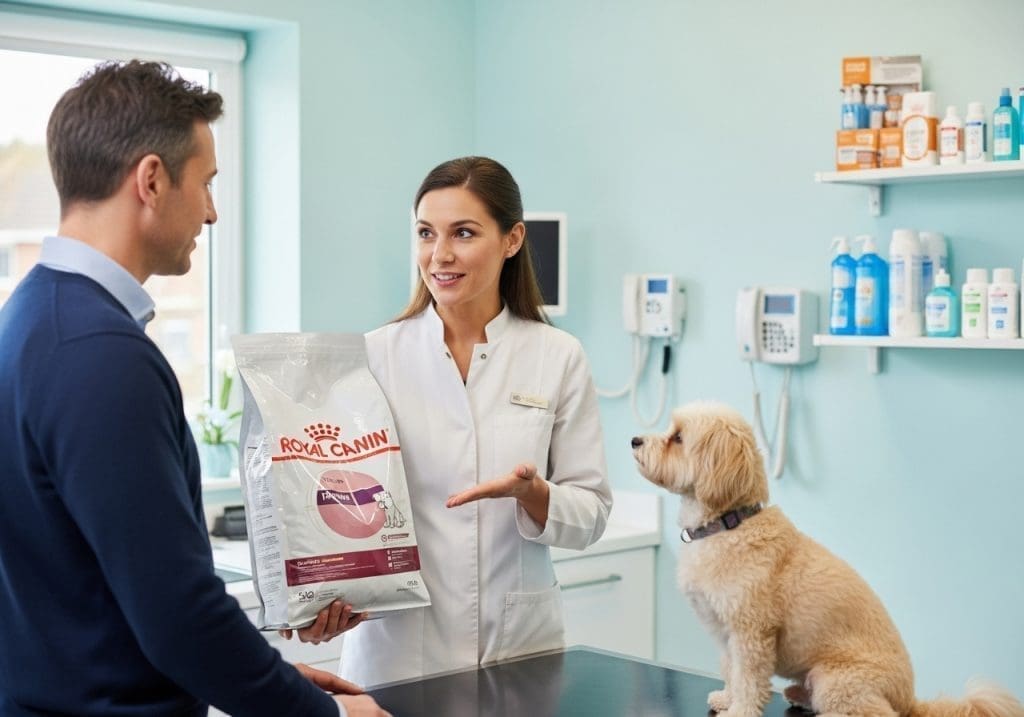 Dierenarts legt Royal Canin voer uit aan baasje in dierenkliniek