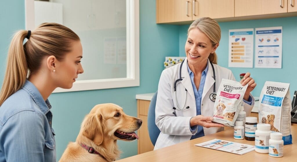 Dierenarts legt dieetvoeding en supplementen uit aan baasje, hond aanwezig in kliniek.