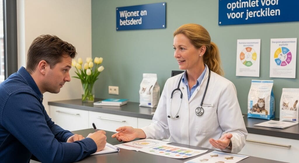 Dierenarts legt dieetvoeding uit voor kat in kliniek.