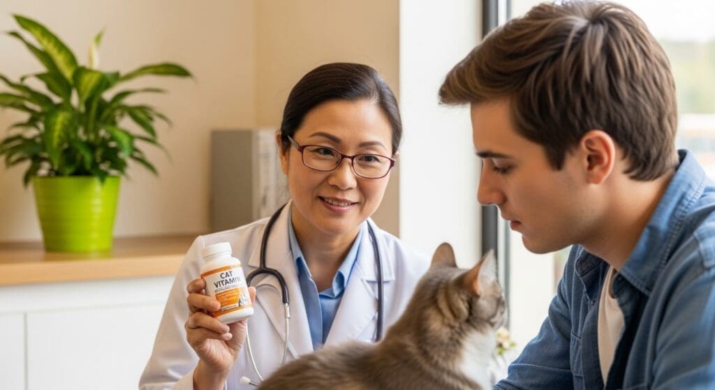 Dierenarts toont vitamine supplementen voor katten aan baasje tijdens consult.