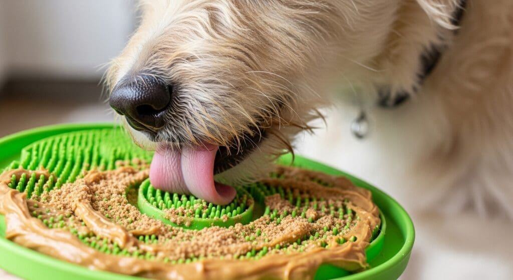 Hond likt supplement van een likmatje met pindakaas.