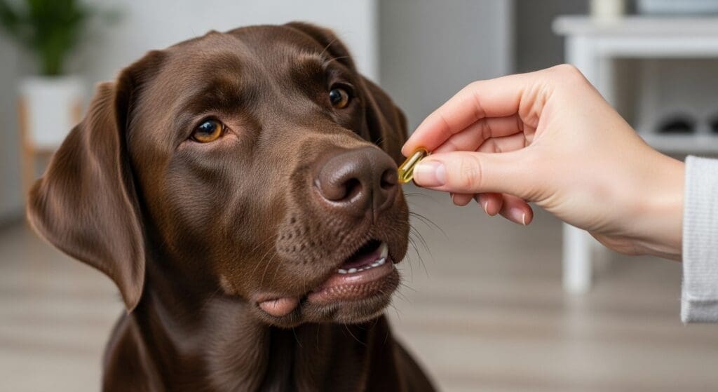 Een bruine labrador krijgt een visoliecapsule van zijn baasje, zonder mensen in beeld.
