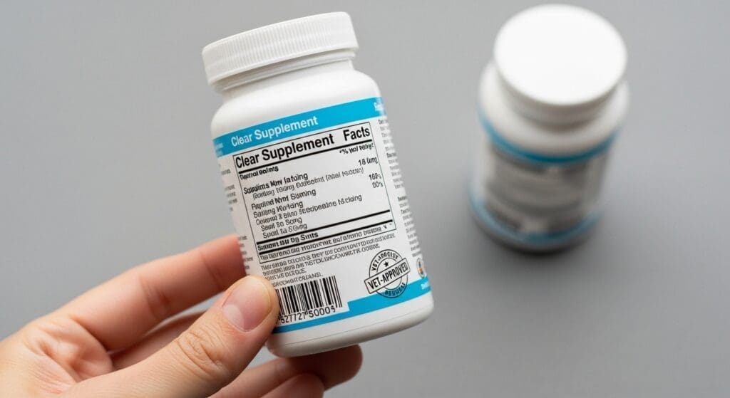Een supplementlabel met duidelijke ingrediënten en dierenarts-keurmerk.