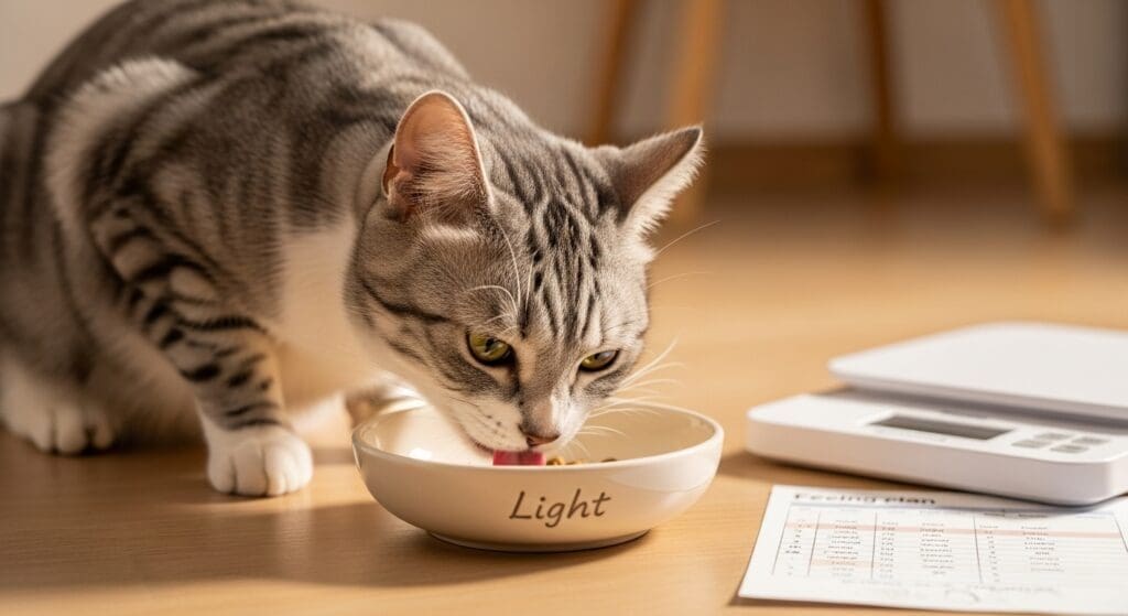 Een tevreden kat eet uit een schaaltje met de tekst “Light”, met op de achtergrond een voederrooster en weegschaal.