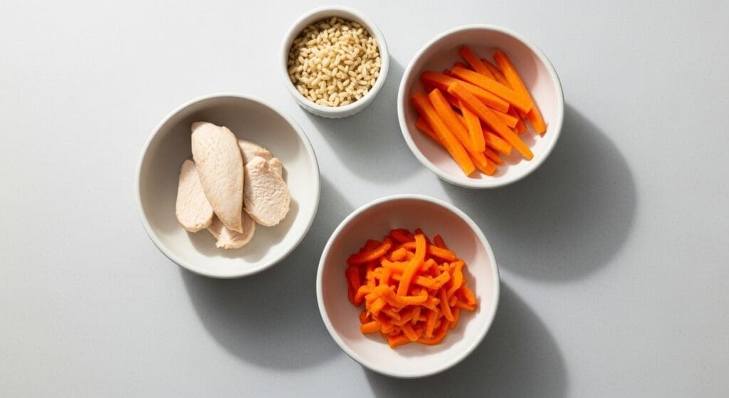 Eliminatiedieet voor kat met eenvoudige ingrediënten in keramieken bakjes.