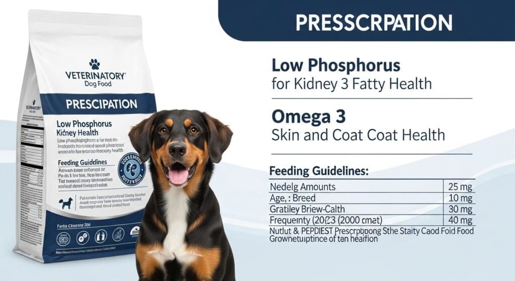Etiket van veterinaire dieetvoeding voor honden met uitleg over voedingswaarden zoals laag fosfor en omega 3.