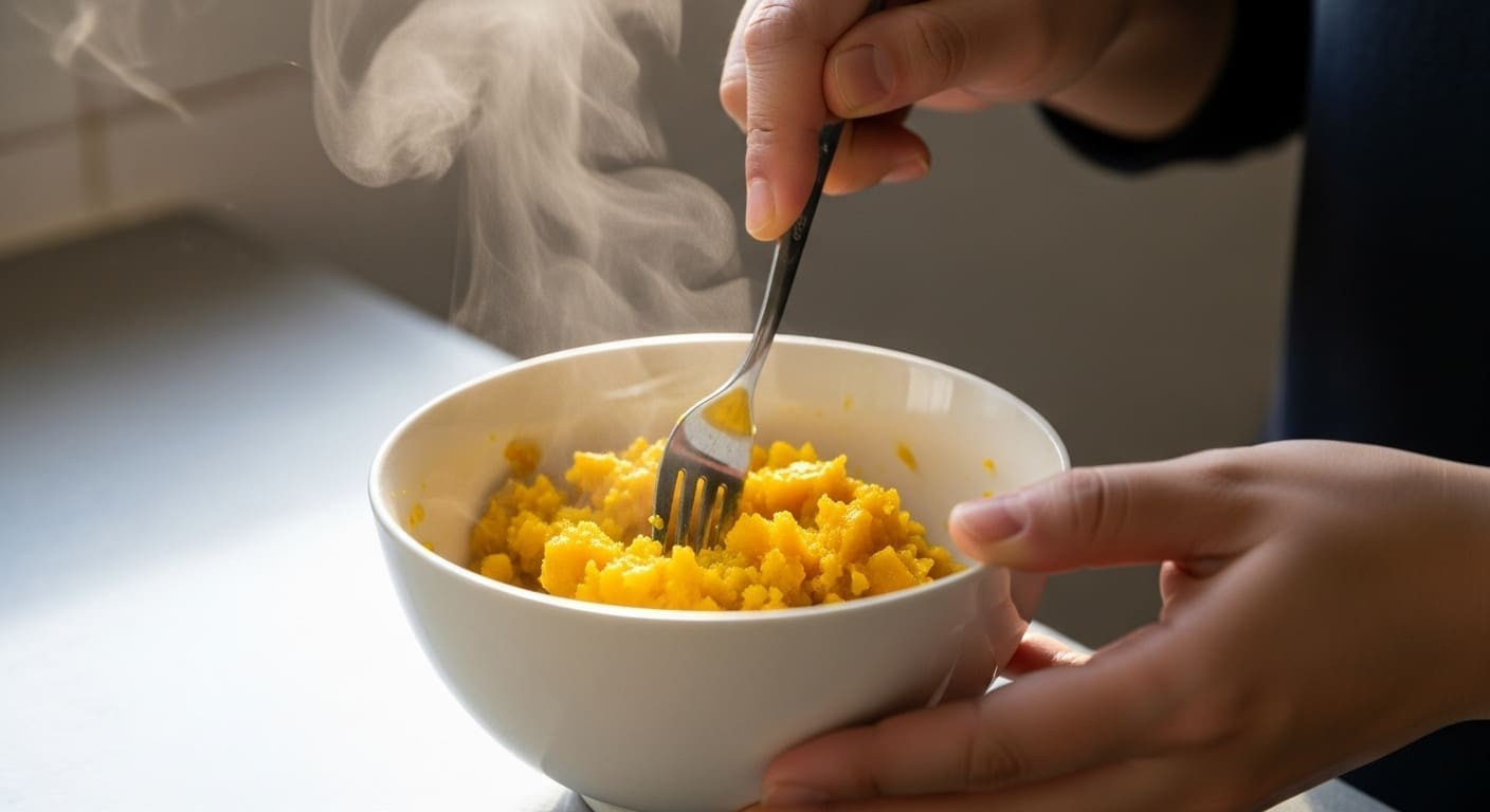 Gestoomde pompoen wordt geprakt met een vork in een kom.
