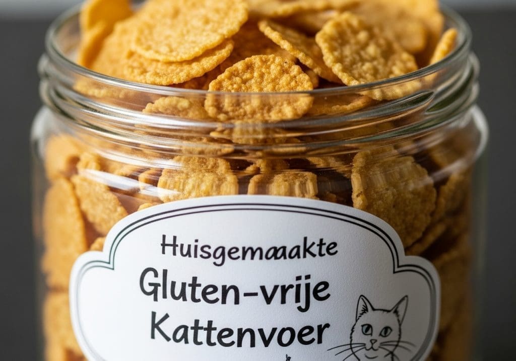 Glazen pot met knapperige glutenvrije kattenflakes en etiket in het Nederlands