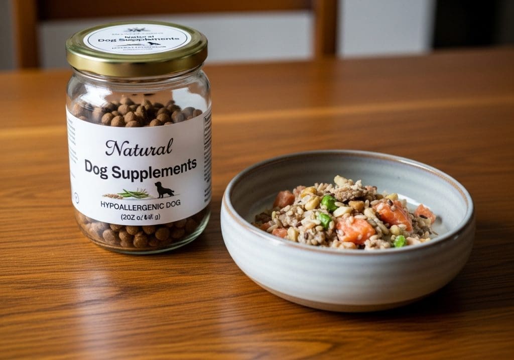 Glazen pot met natuurlijke supplementen naast kom glutenvrij hondenvoer op houten tafel