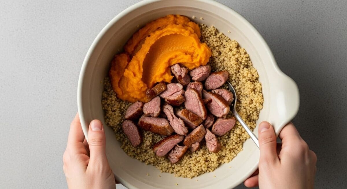 Handen mengen eend, pompoen en quinoa in een keramische kom.