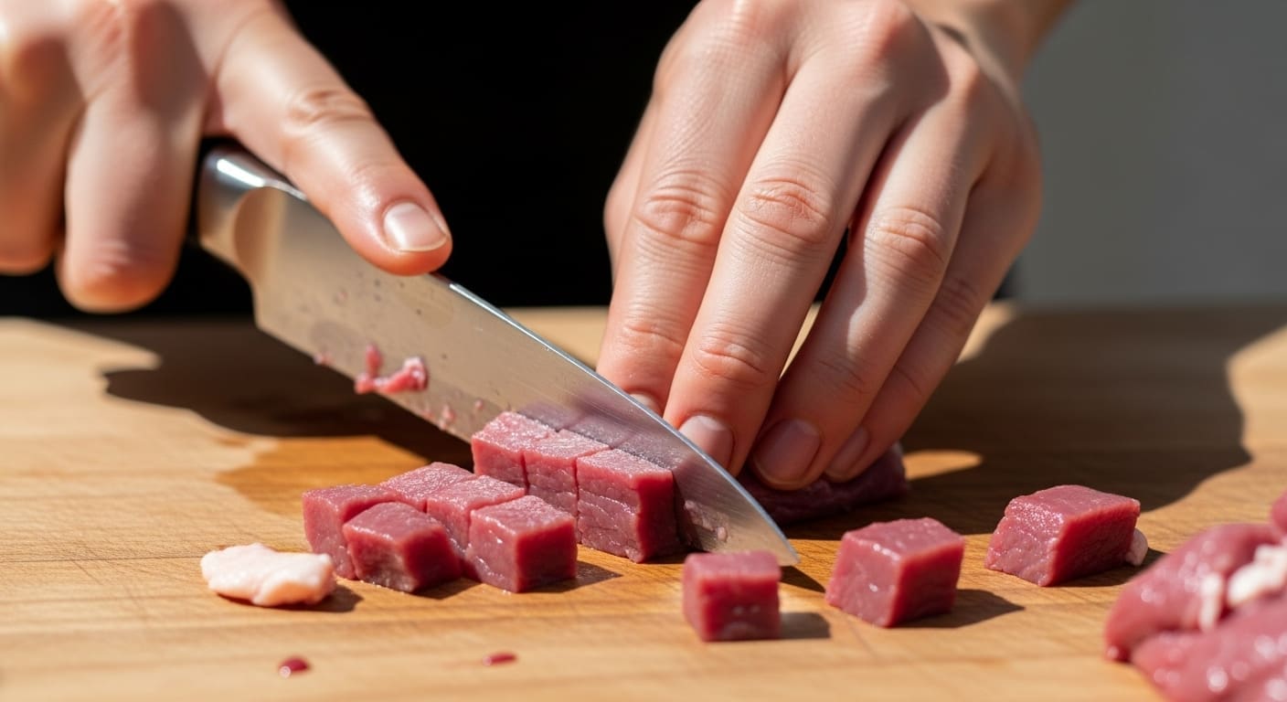 Handen snijden rauw eendenvlees in blokjes op een houten snijplank.