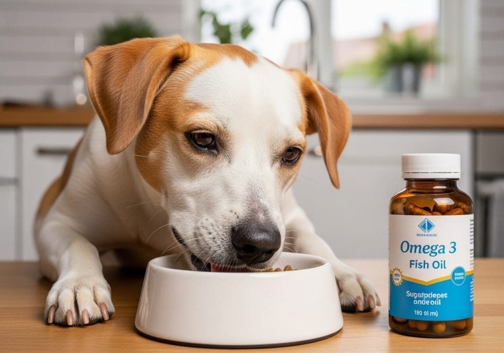 Hond eet voer met visolie in een gezellige keuken