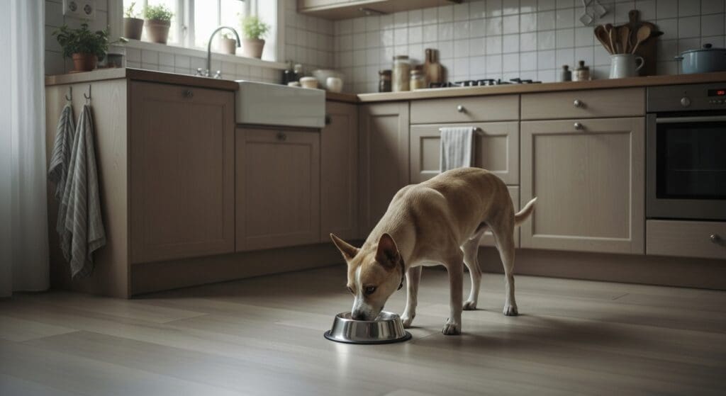 Hond eet rustig uit bakje in keuken.