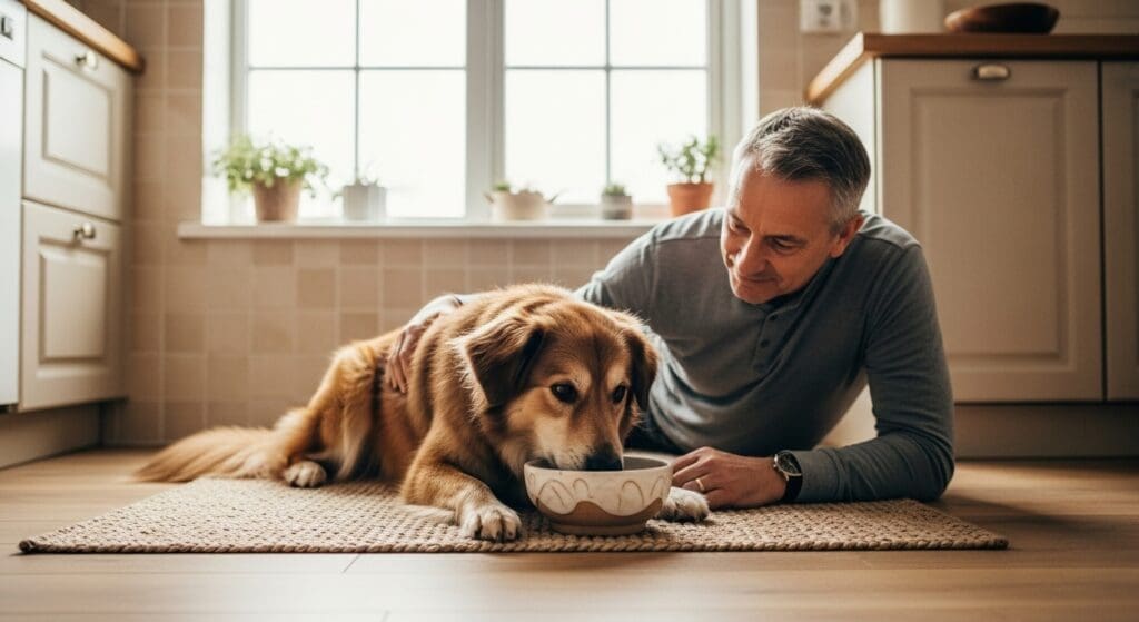 Hond eet zachte herstelvoeding uit keramieken bakje, baasje kijkt zorgzaam toe.