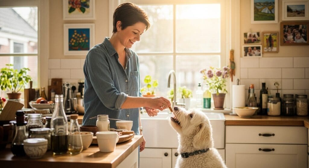Hond krijgt zelfgebakken snack aangeboden.