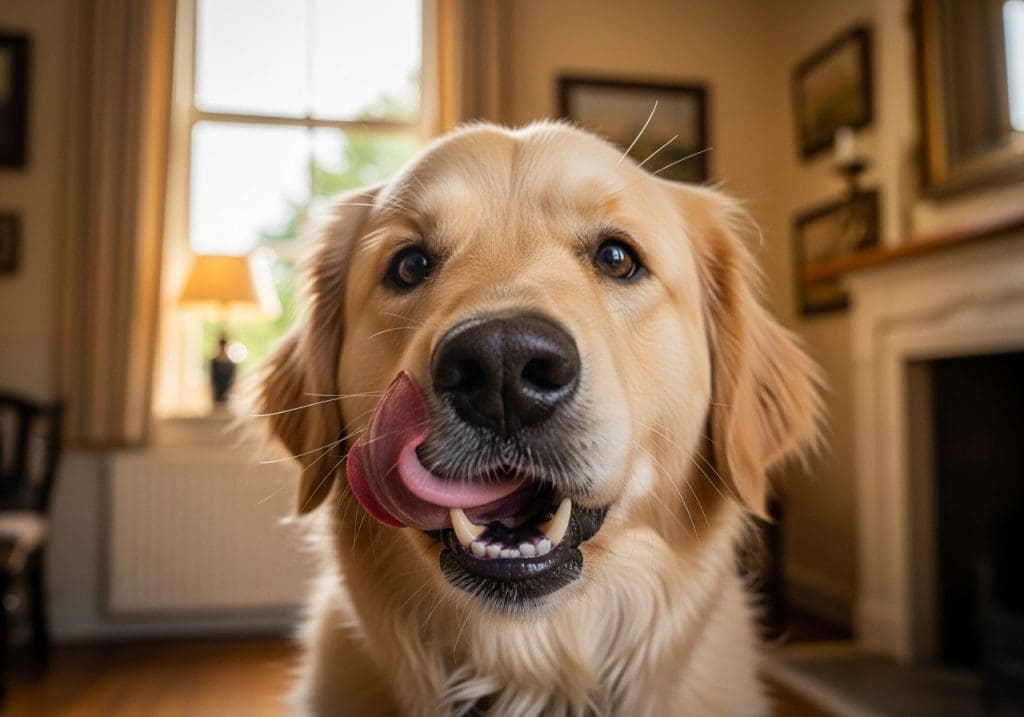 Hond likt zijn lippen af na het eten van zelfgemaakt allergeenvrij hondenvoer