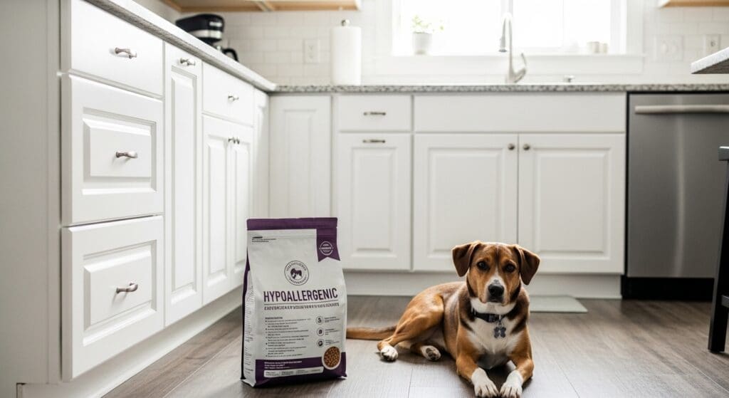 Hond naast verpakking hypoallergeen hondenvoer.