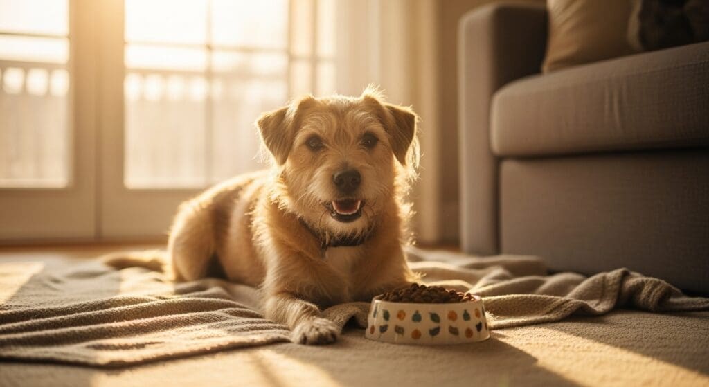 Hond rust op een deken, met speciaal nierdieet dichtbij.