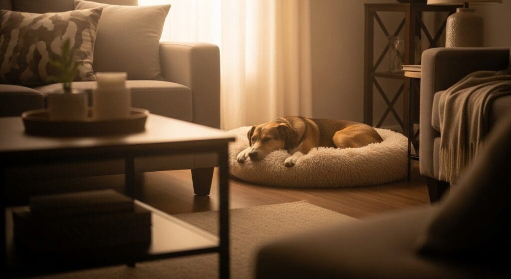 Hond rust uit in zacht mandje na herstelmaaltijd, warme verlichting.