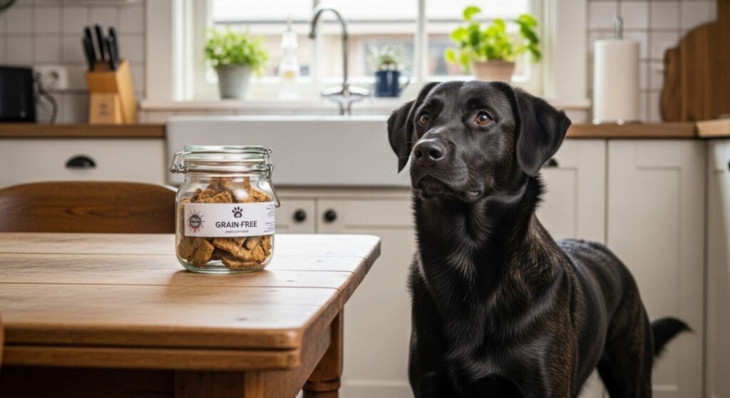 Hond wacht op graanvrije snack in keuken.