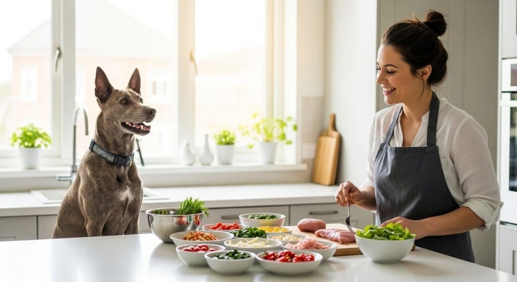 Hond wacht op vers bereid voer in keuken.