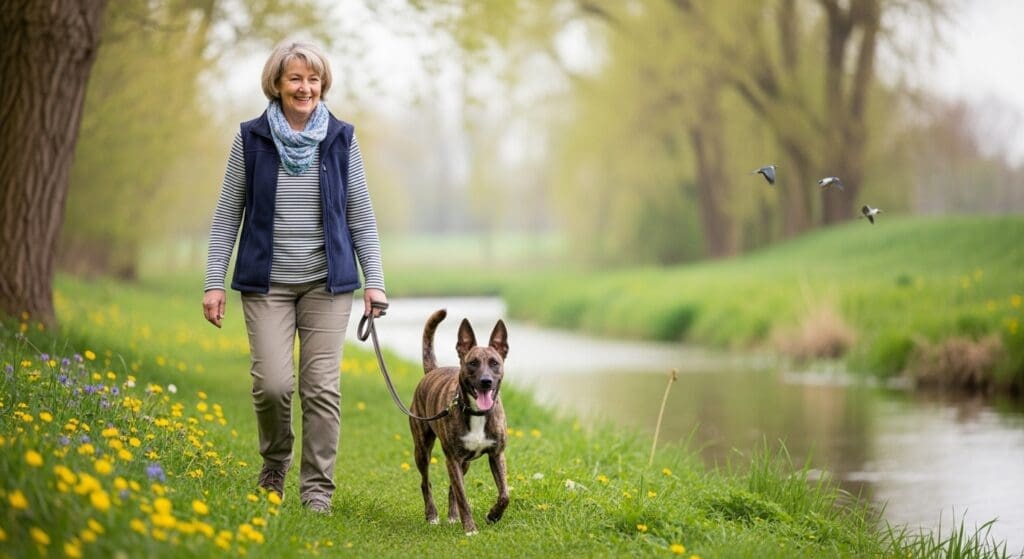 Hond wandelt rustig met baasje buiten.