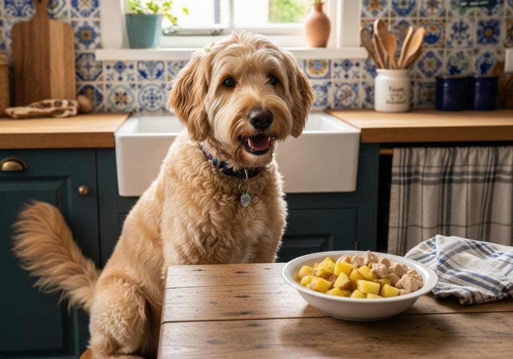 Hond zit vrolijk naast kom met zelfgemaakt glutenvrij en kipvrij hondenvoer met patat en kalkoen