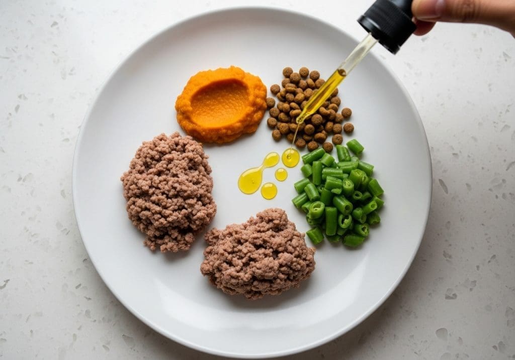 Hondendieet met afgemeten porties en omega-3 olie