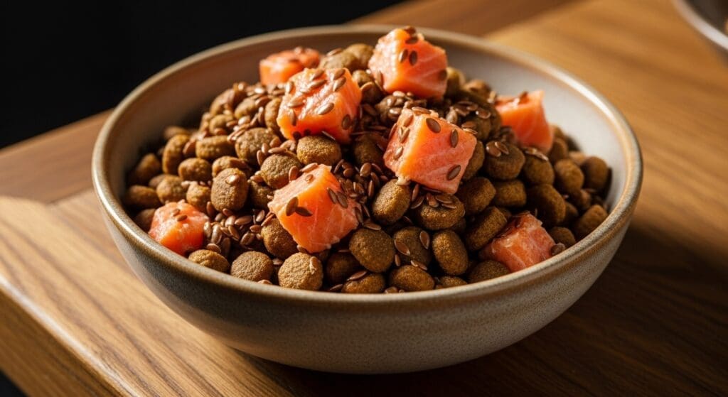 Hondenvoer rijk aan omega 3 met zalm en lijnzaad in een keramieken bakje