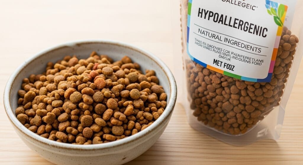 Hypoallergene kattenvoeding in keramieken bakje met duidelijke verpakking.