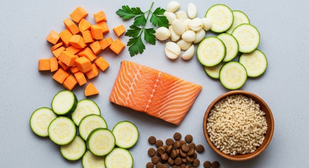 Ingrediënten voor zachte hondenmaaltijd met zalm, zoete aardappel en courgette.