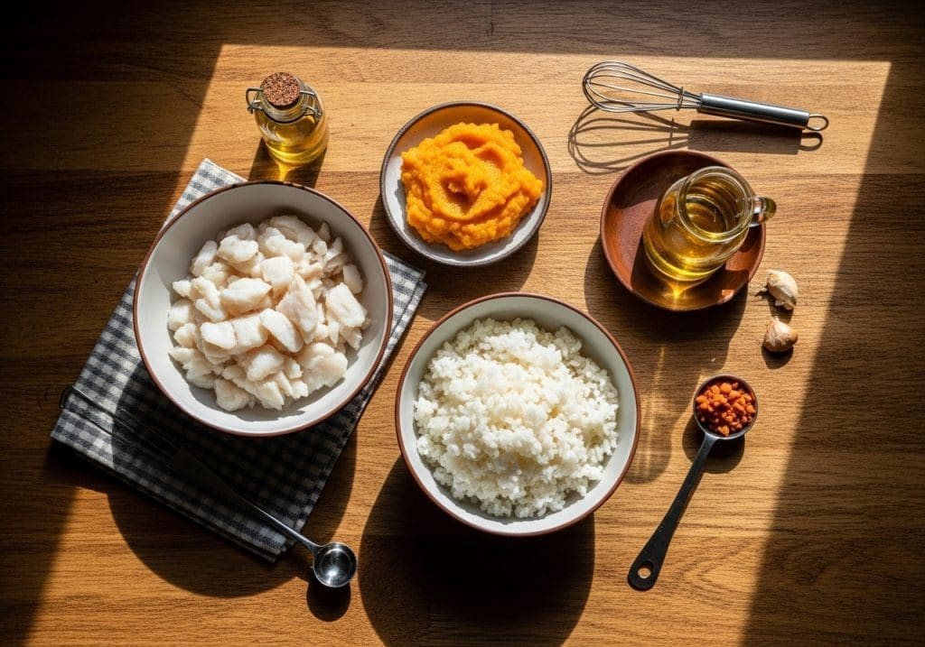 Ingrediënten voor zachte puppyvoeding: vis, rijst, pompoen, zalmolie