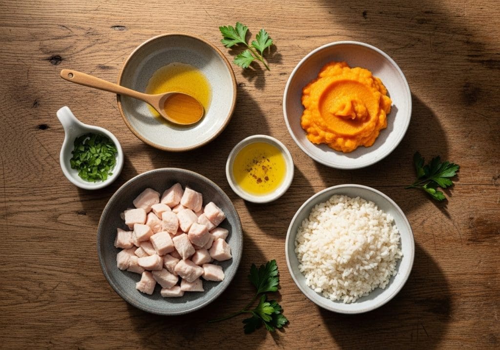  Ingrediënten voor zelfgemaakte kattenvoeding: kip, rijst, pompoen en zalmolie op houten tafel