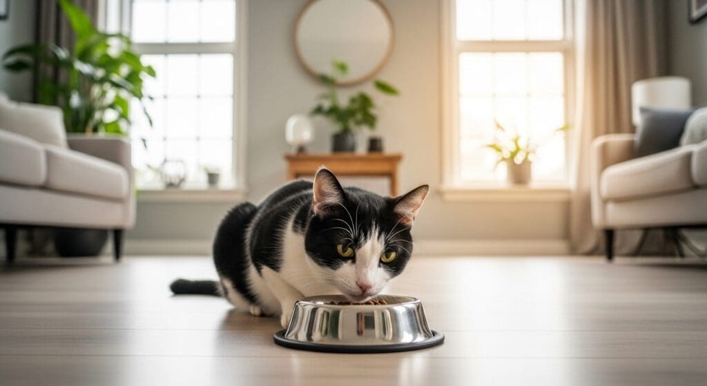 Kat eet rustig dieetvoeding in woonkamer.