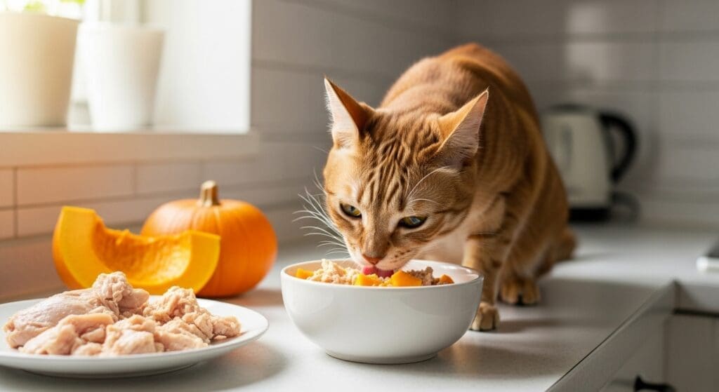 Kat eet rustig vers bereid dieetvoer.