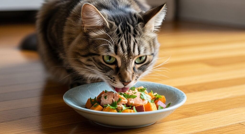 Kat eet zelfgemaakte nierdieetmaaltijd uit een keramieken bakje.
