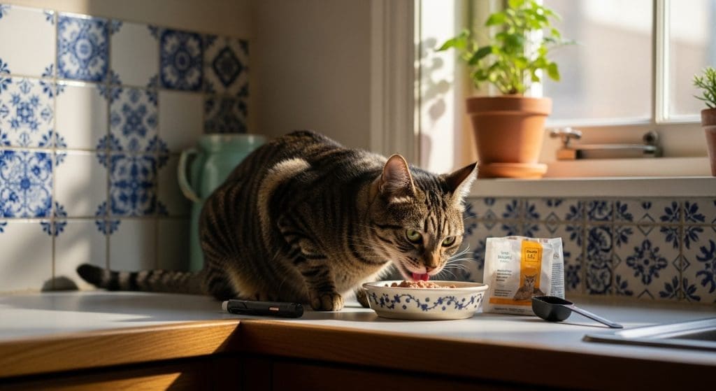 Kat met diabetes eet eiwitrijke, koolhydraatarme voeding