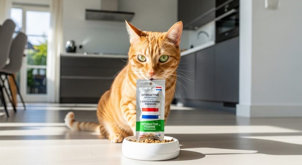 Kat speelt met voerpuzzel voor gecontroleerd dieet.