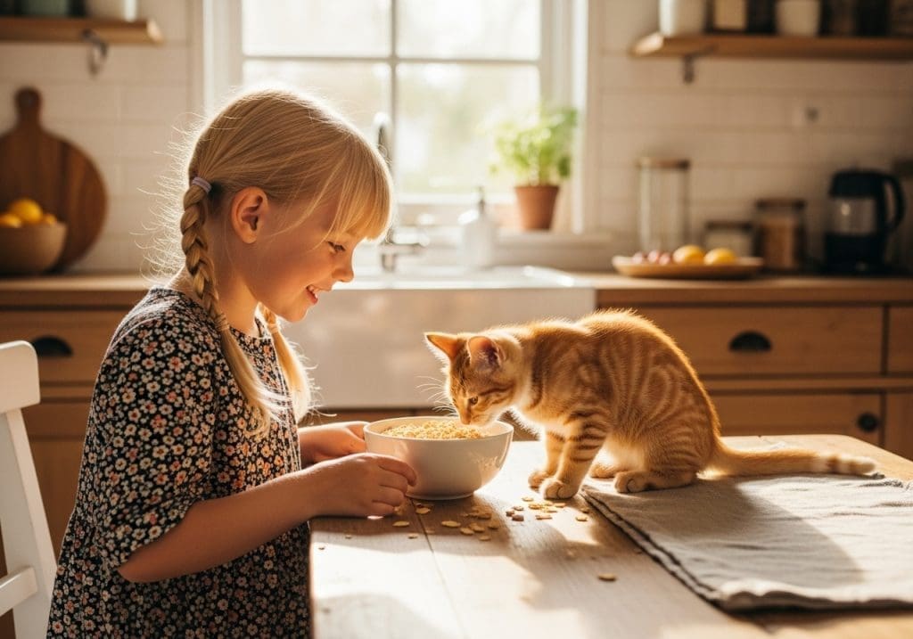 Kind kijkt toe hoe kitten glutenvrije flakes eet in zonnige keuken