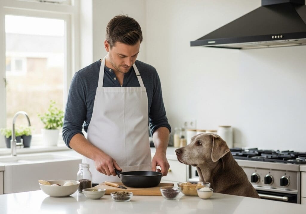 Man bereidt zelf dieetvoeding voor zijn oudere hond