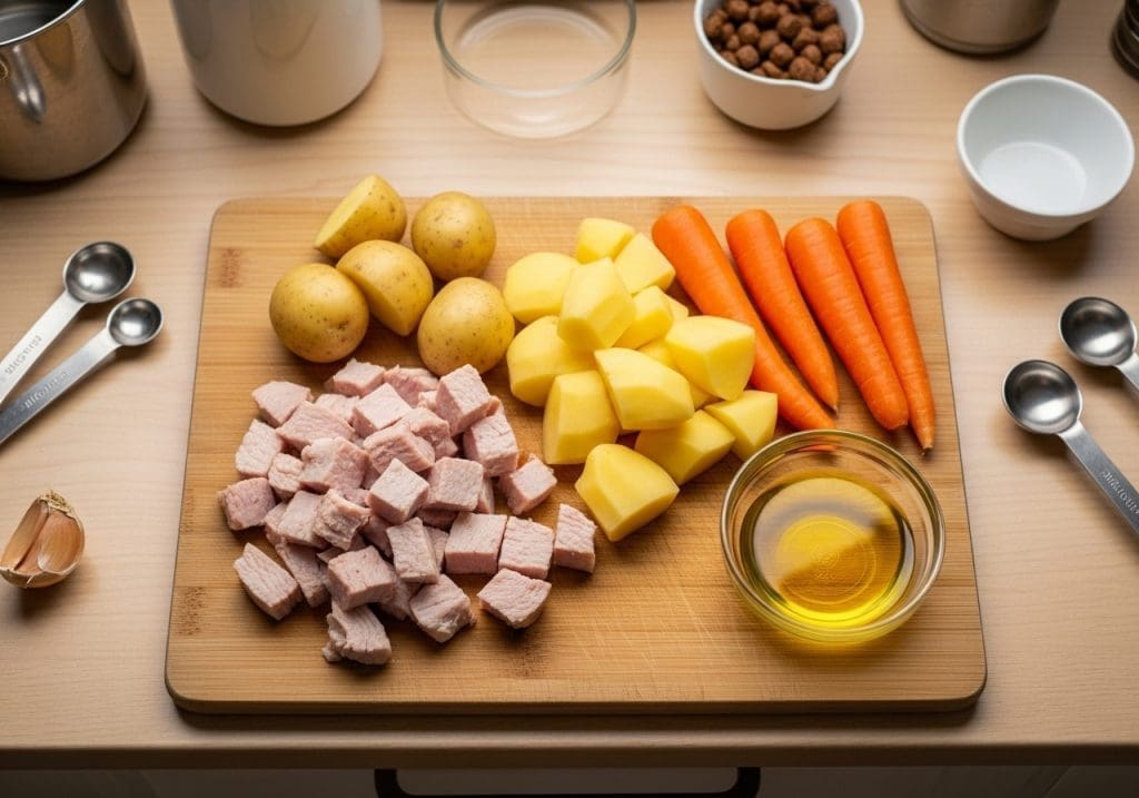 Natuurlijke ingrediënten voor glutenvrij en kipvrij hondenvoer: patat, kalkoen, wortel, lijnzaadolie