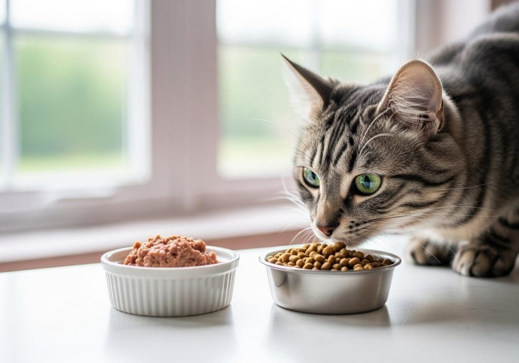 Nierdieet natvoer en brok naast elkaar aangeboden aan kat